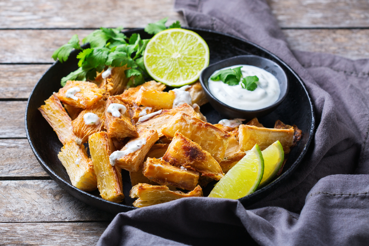 fried cassava root with dipping sauce
